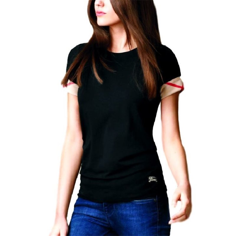 Check Cuff Stretch Cotton  T-Shirt