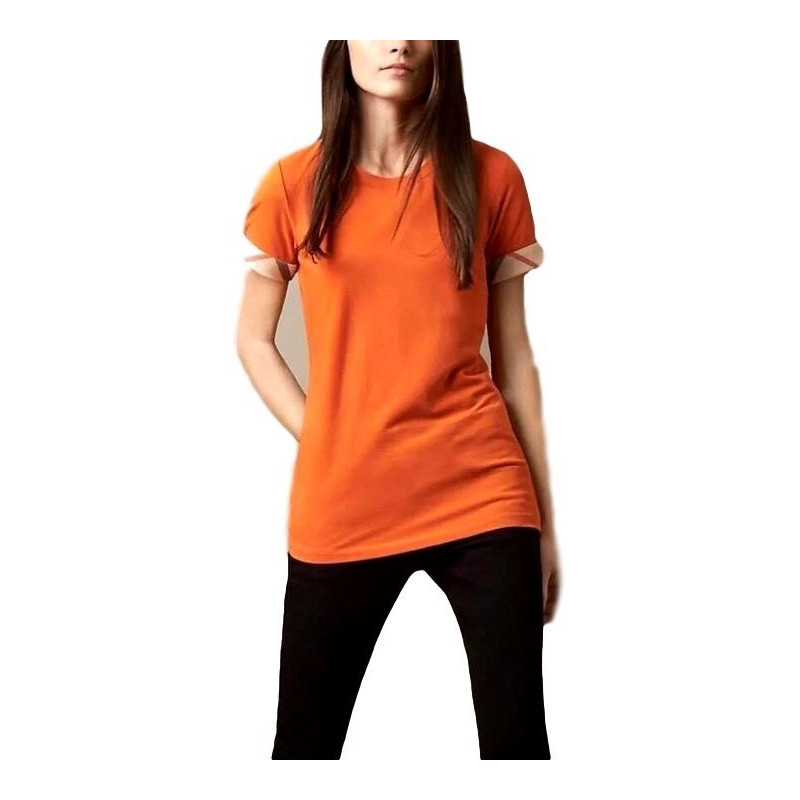 Check Cuff Stretch Cotton  T-Shirt