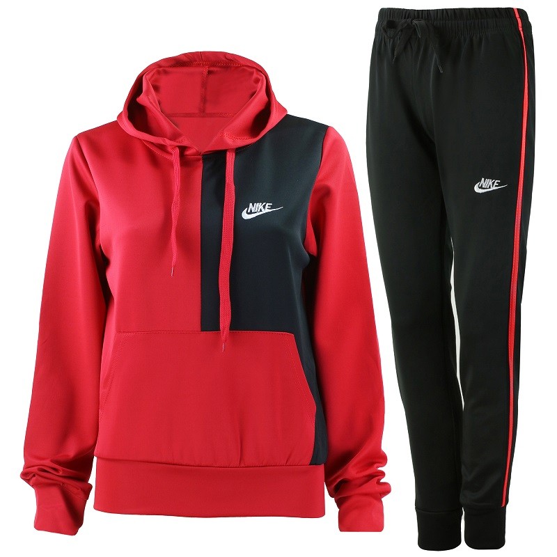 Nike Women's Essential Color Block Pullover Hoodie &Pants 2 Pc Set Red