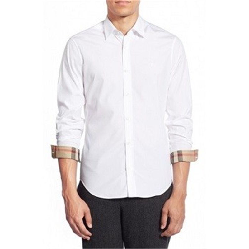 Burberry London Men's Long Sleeve Check Inner Collar  White Final Sale