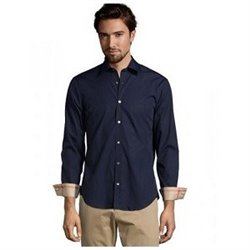 Burberry London Men's Long Sleeve  Check Inner Collar Navy