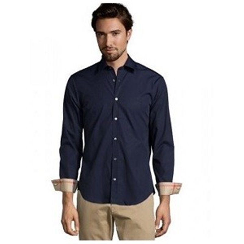 Burberry London Men's Long Sleeve  Check Inner Collar Navy