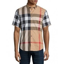 Burberry Men's Cotton  Check Button Down Short Sleeve Shirt