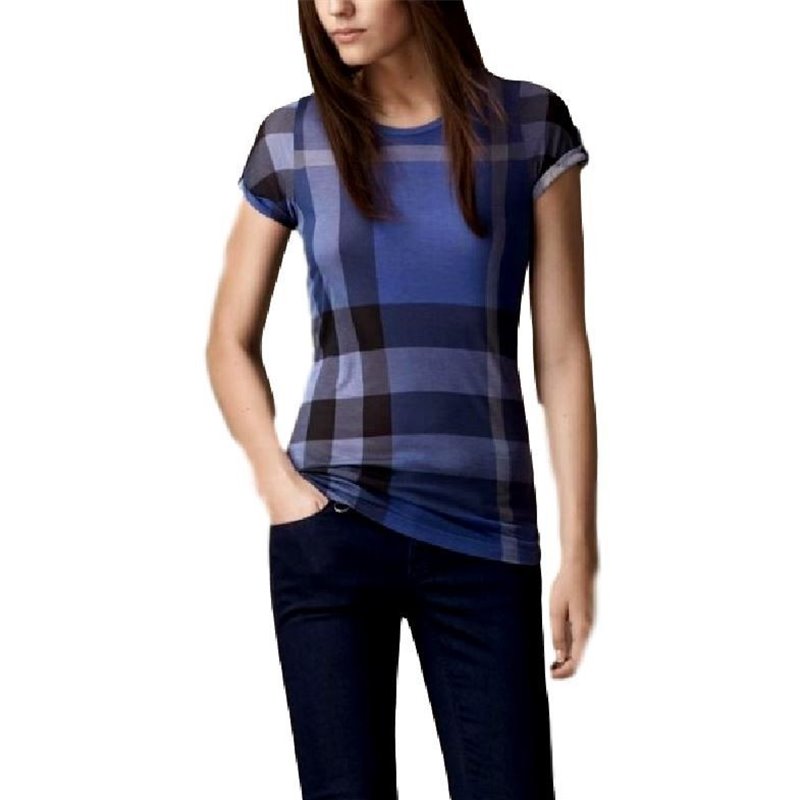 Burberry Check Front  T-Shirt  Blue -Women's