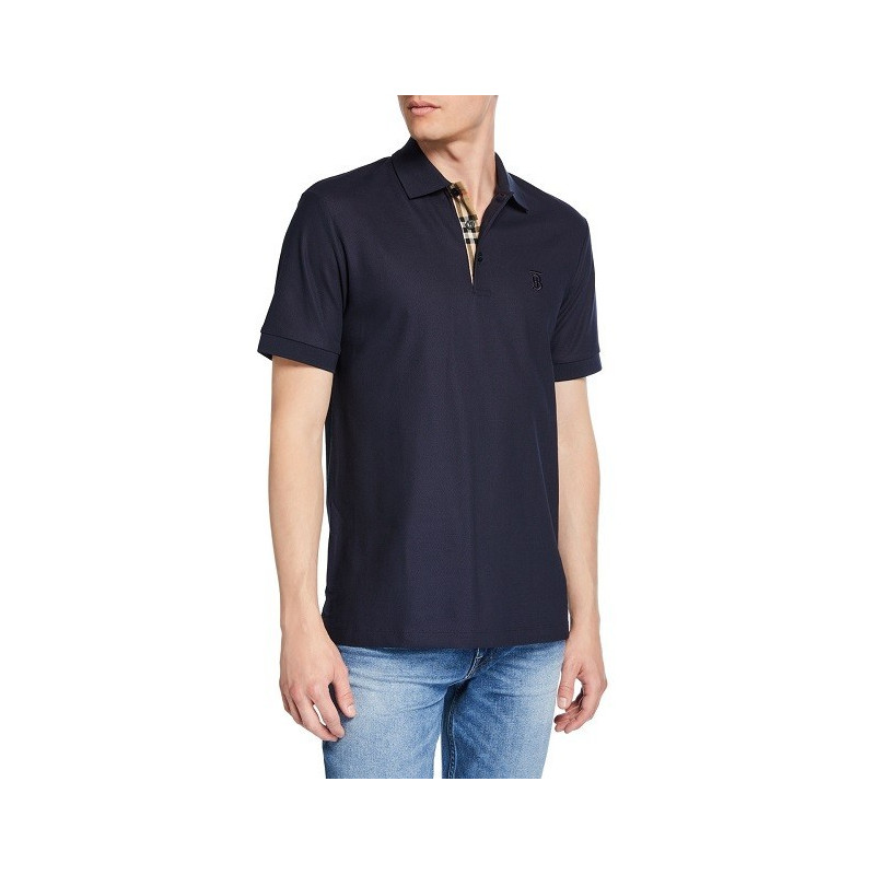 Burberry Check Placket Pique Cotton Polo Shirt Navy