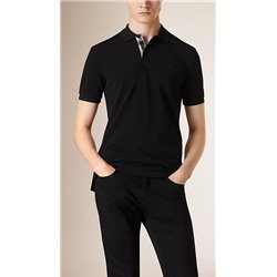 Burberry Check Placket Pique Cotton Polo Shirt Black